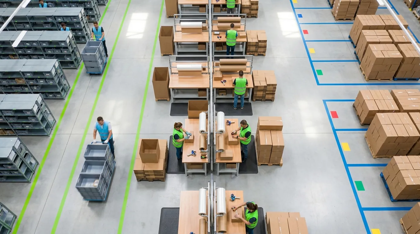 Aerial view of pick, pack, and ship warehouse zones