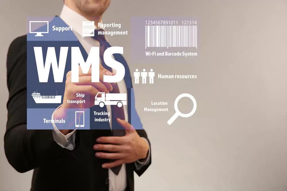 person in suit with a screen overlay of the words WMS, barcode, people and a truck