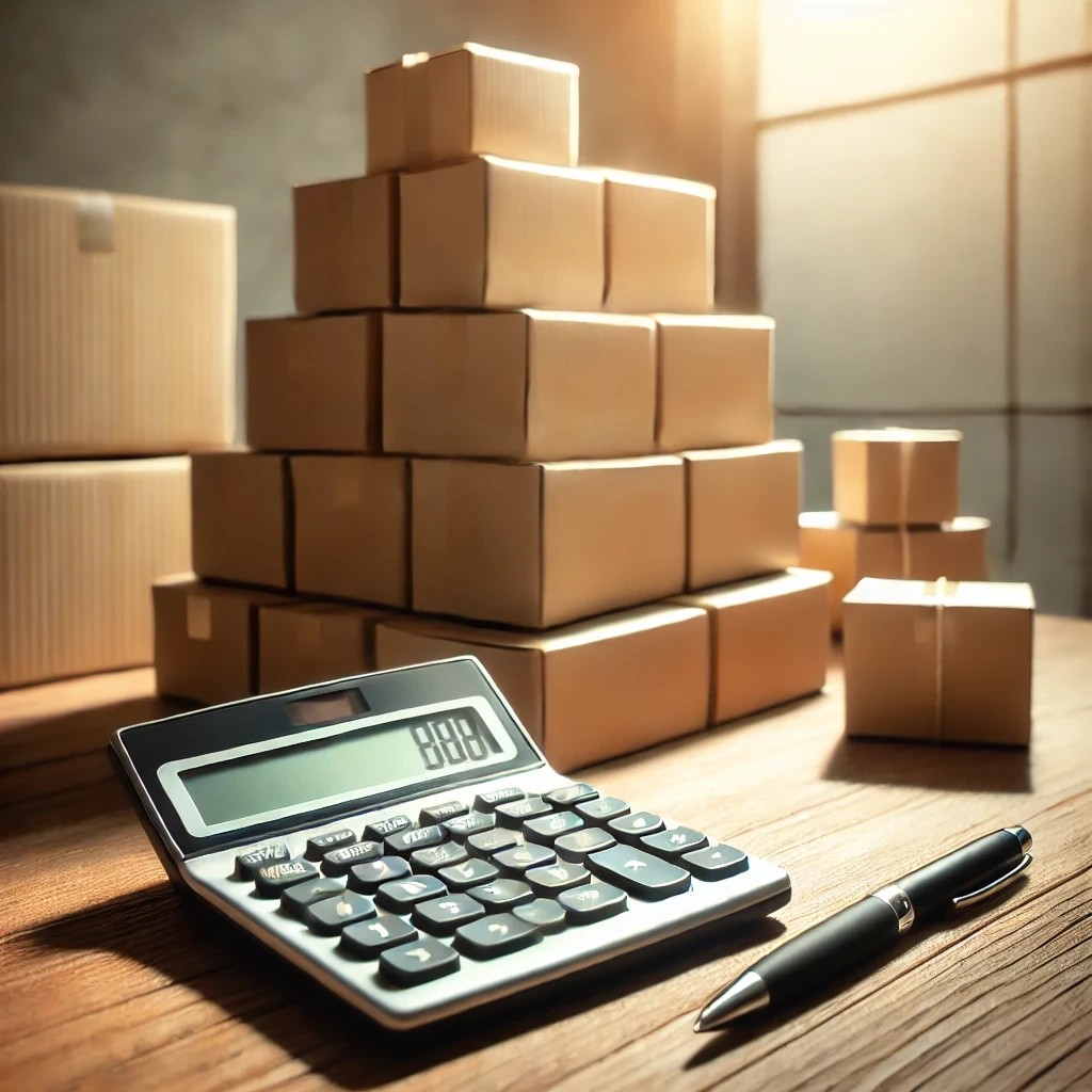 a desk with a calculator, pen and stack of boxes