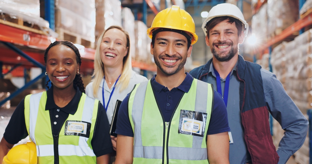 smiling diverse warehouse employees