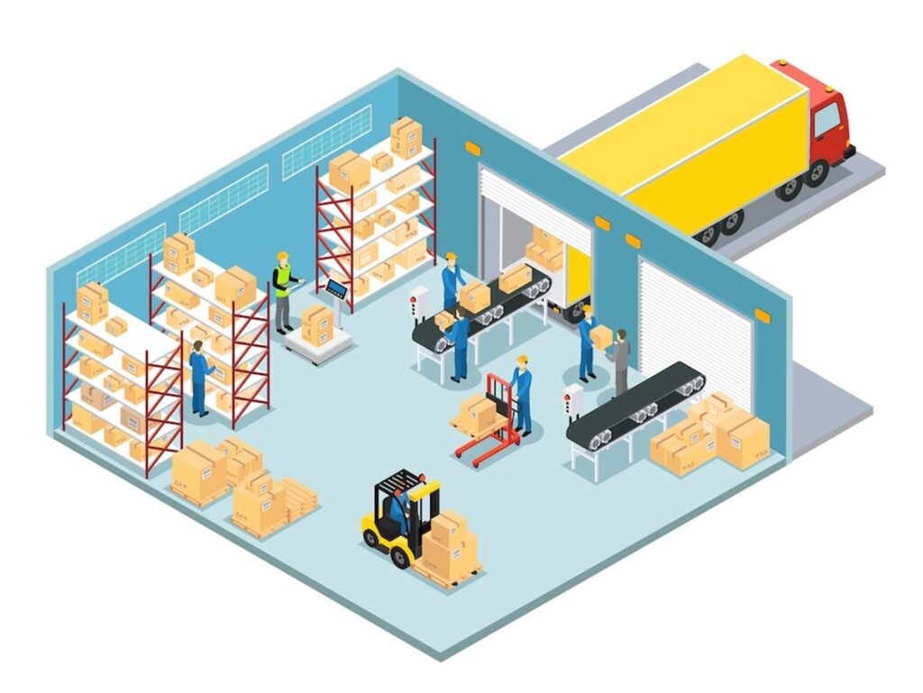a warehouse representation with racks, conveyors unloading a truck and forklift and pallet jacks moving boxes