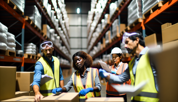 warehouse workers looking a boxes to confirm counts