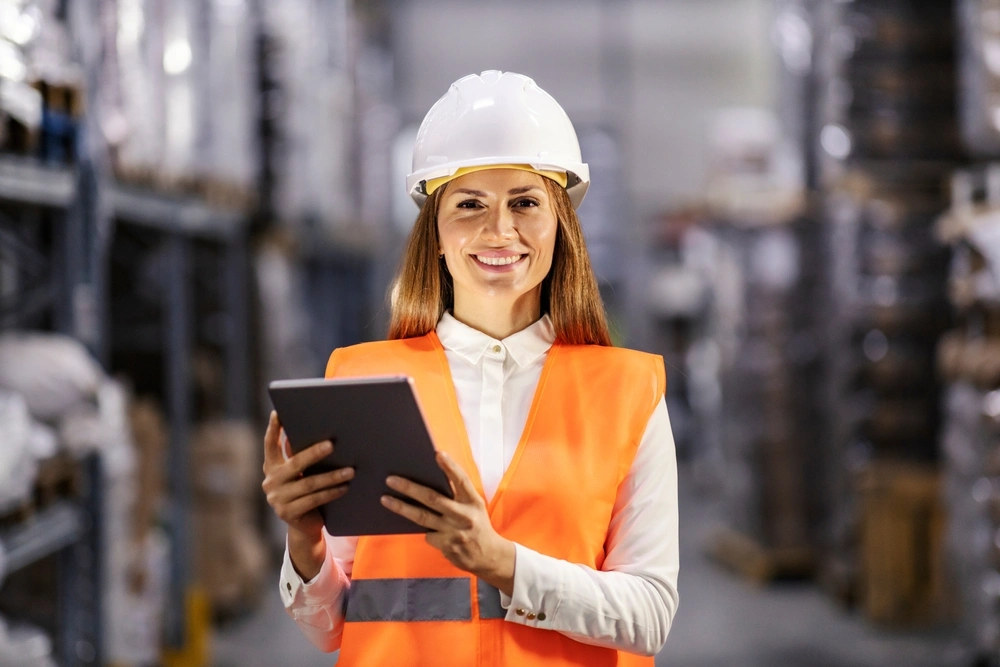 woman holding a tablet in a warehouse wearing a safety vest and hardhat