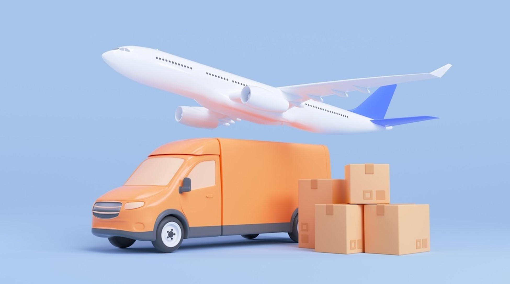 delivery truck, stack of boxes, and plane overhead