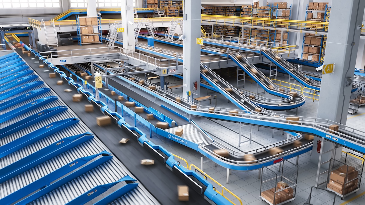 automated sorting conveyor system in a warehouse