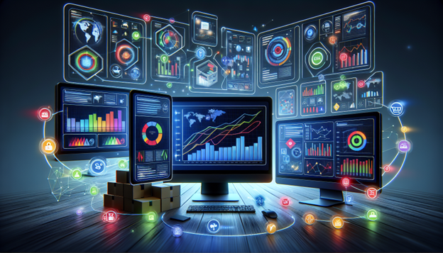 computer screens showing graphs and charts and boxes sitting on the table