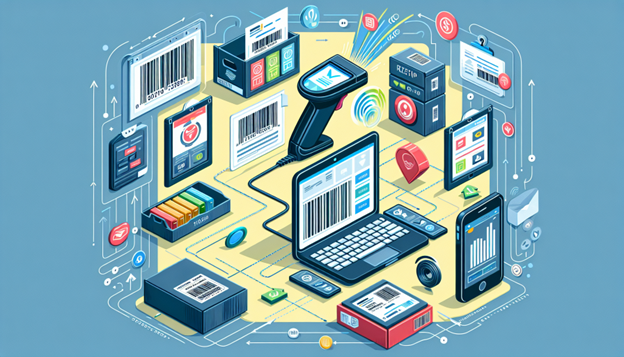 different items with barcodes such as a laptop, phone, box and label