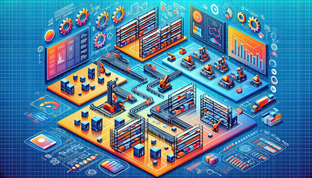 warehouse overview with robots and screens showing charts and graphs and floating cogs