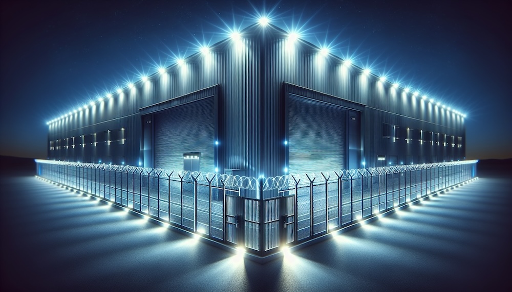 brightly lit warehouse with security fence