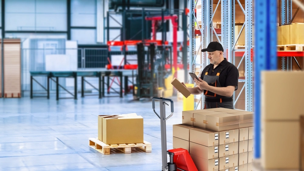 warehouse worker receiving inventory being a pallet of boxes into stock 