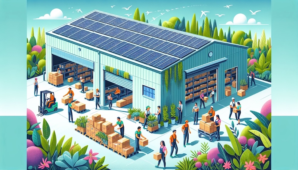 eco warehouse and workers illustration showing sustainable trends in warehouse management