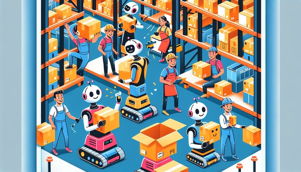 cartoon of workers and collaborative robots or cobots in warehouse