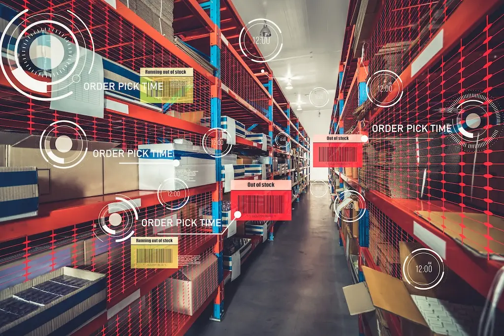 warehouse shelving with inventory kpi graphics 