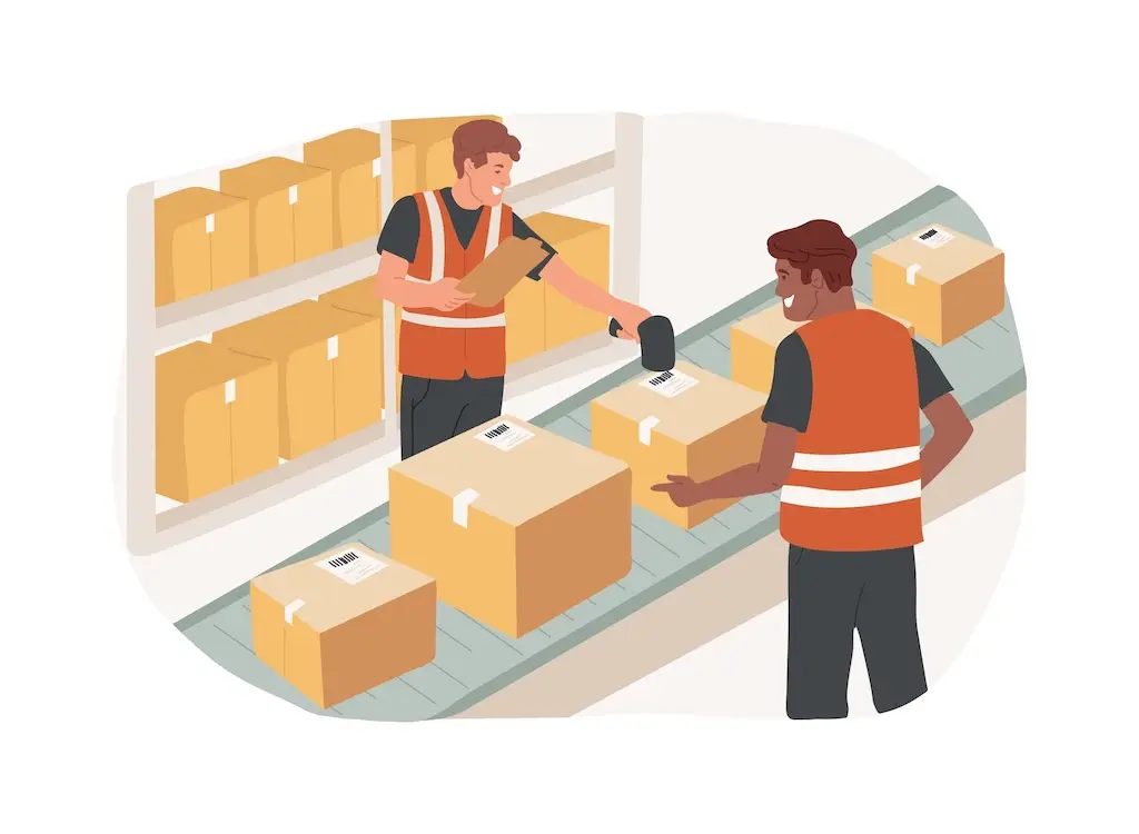 illustration of two workers performing warehouse order fulfillment scanning