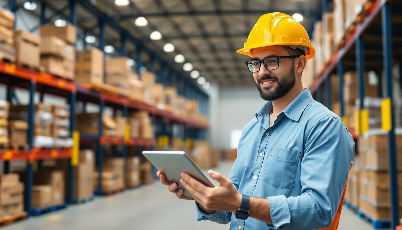 warehouse worker holding a tablet in a warehouse aisle reviewing warehouse SOPS