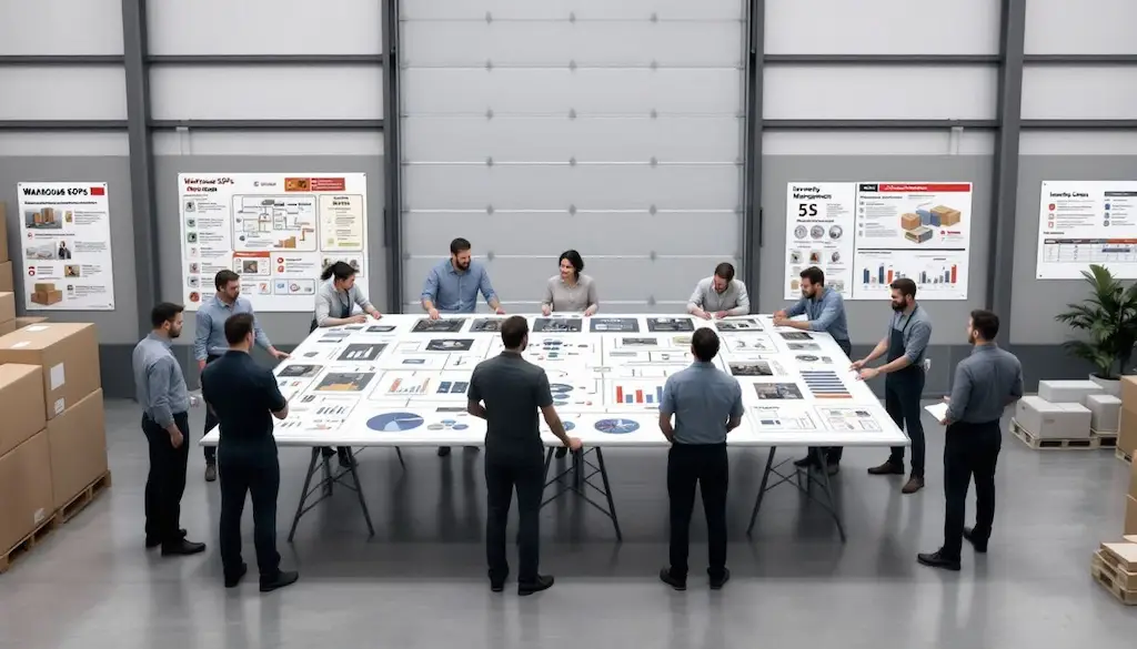 team discussing warehouse sops diagram
