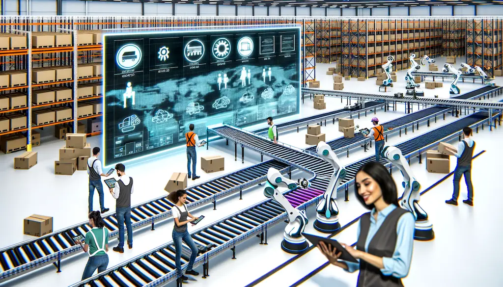 workers with tablet technology and robots in a 3pl warehouse