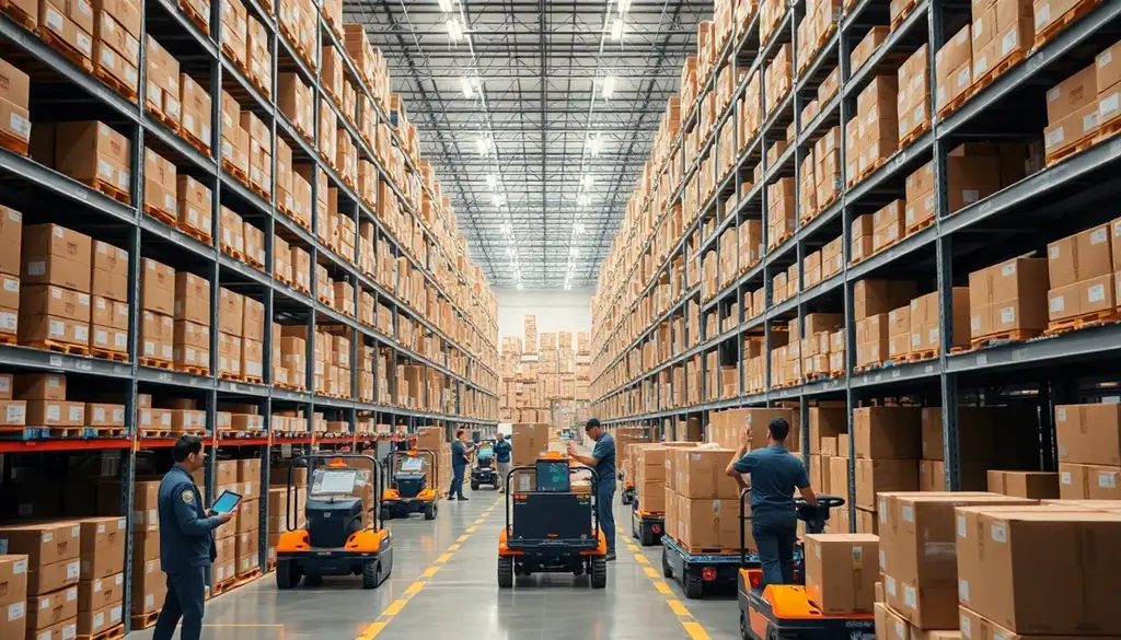 "Workers using scanners and AGVs for case picking in a modern, organized warehouse."