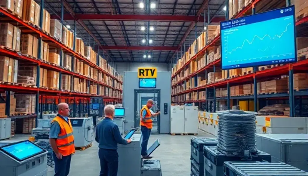 Advanced warehouse with automated RTV section and real-time analytics display