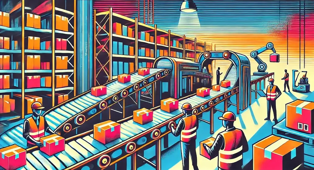 colorful illustration of warehouse conveyor systems and workers