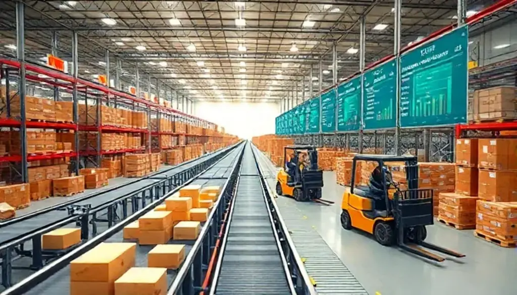 "Automated conveyor belts and robotic forklifts in a modern warehouse optimizing RTV."