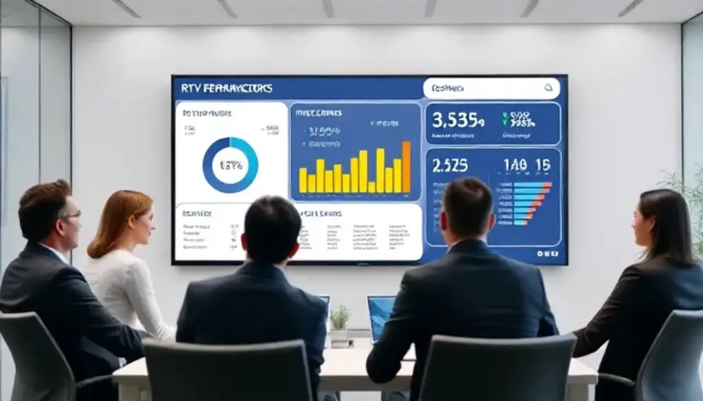 Executives analyzing RTV metrics on a digital dashboard in a modern meeting room