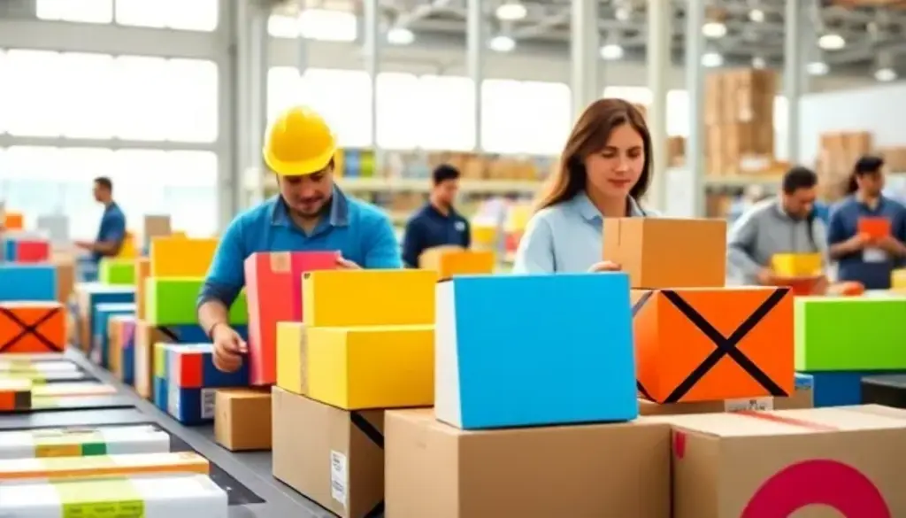Workers handling colorful, branded packaging on an e-commerce assembly line in a modern warehouse.