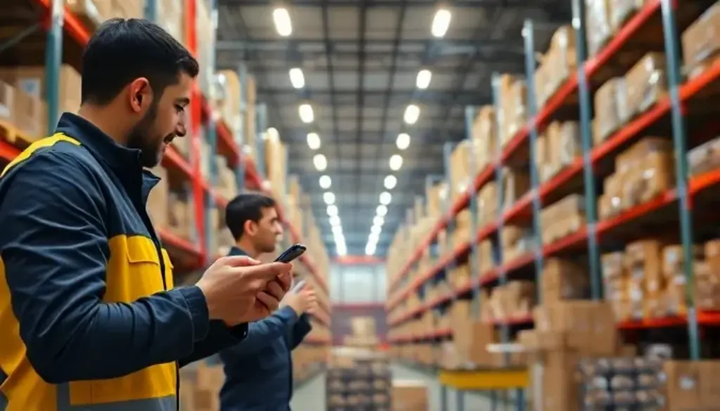 Warehouse staff using handheld devices to scan barcodes, enabled by a mobile warehouse management system in a well-lit, organized space.