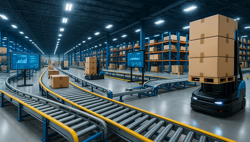 "Modern 3PL software-enabled warehouse with robotic forklifts and automated conveyors under bright lights."
