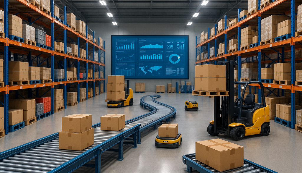 "Automated warehouse with robotic forklifts and conveyor belts amidst shelves of products, highlighting efficient supply chain management."