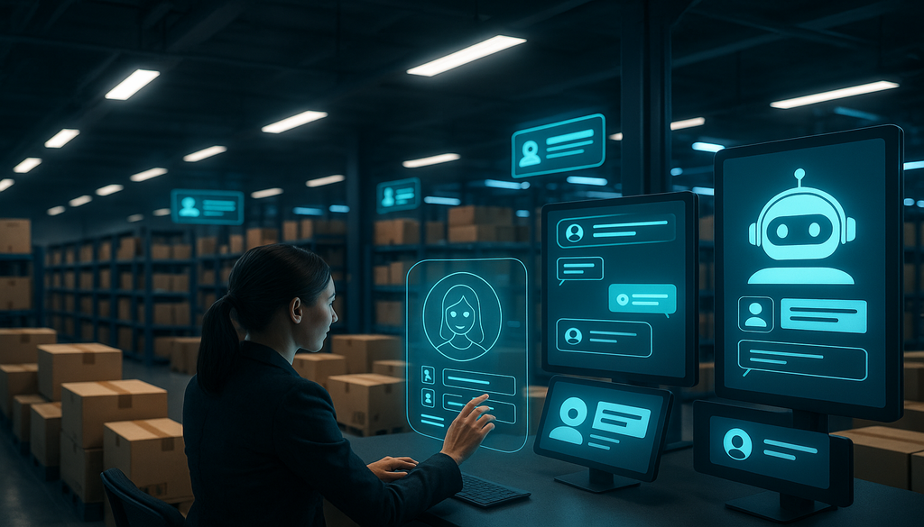 "E-commerce communication depicted through a customer service rep using a holographic interface in a modern warehouse."