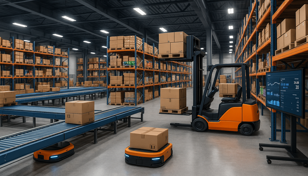 "Automated inventory control systems and robotic forklifts in a modern warehouse."