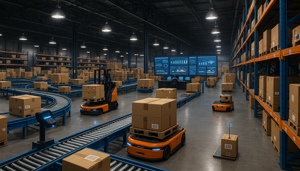 "3PL software-driven warehouse with robotic forklifts and real-time supply chain analytics."
