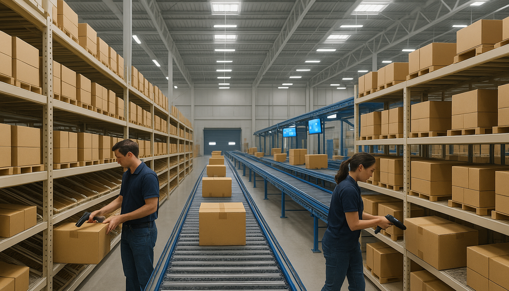 "Workers scanning older inventory at the front of flow racks in a FIFO-optimized warehouse."