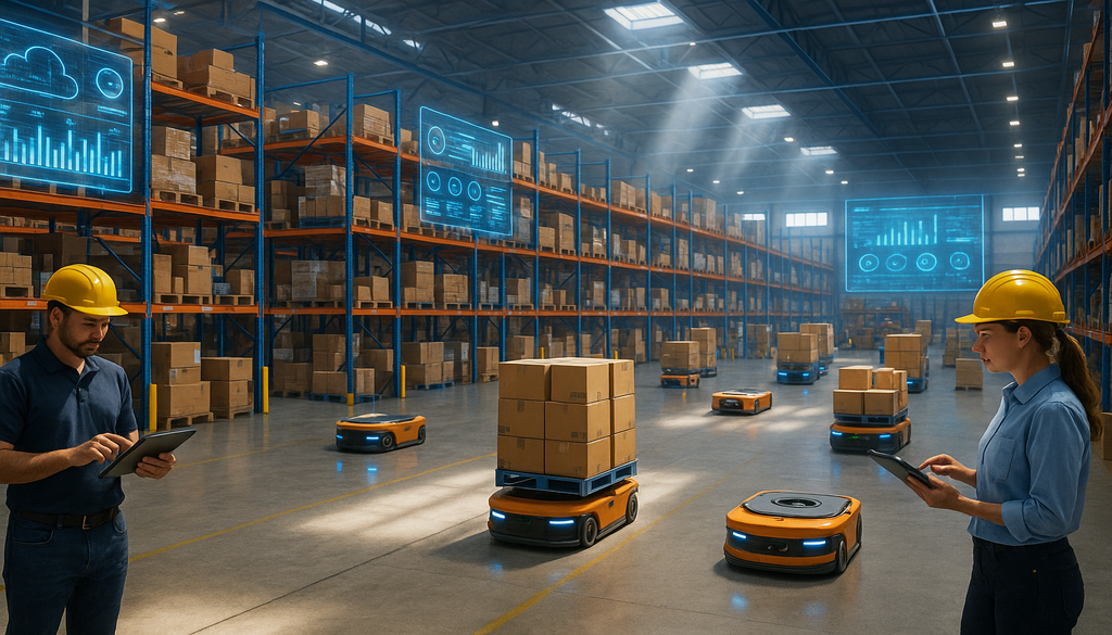 "Modern SaaS WMS-enabled warehouse with robots and staff managing inventory under skylights."