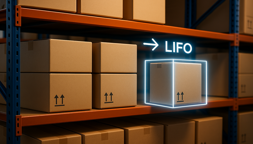 Warehouse shelves highlighting newest inventory for LIFO method.