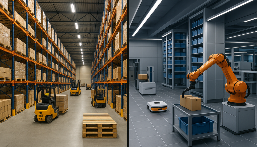 "Contrasting traditional warehouse and modern micro-fulfillment center with advanced robotics and vertical storage."