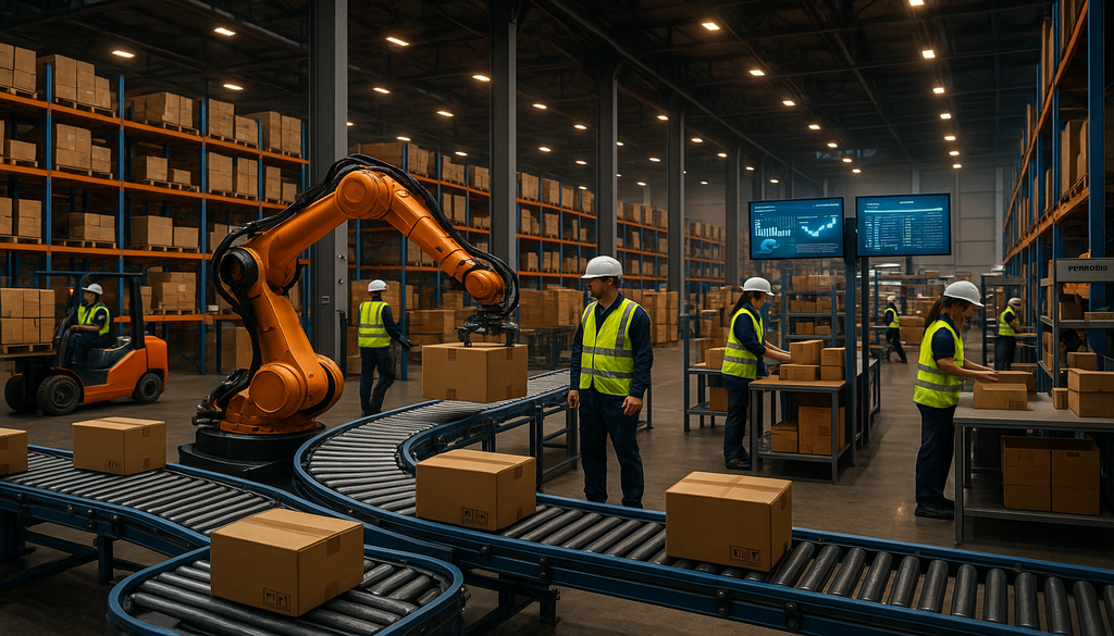 "High-tech 3PL warehouse with robotic arms, conveyor belts, and workers managing inventory."