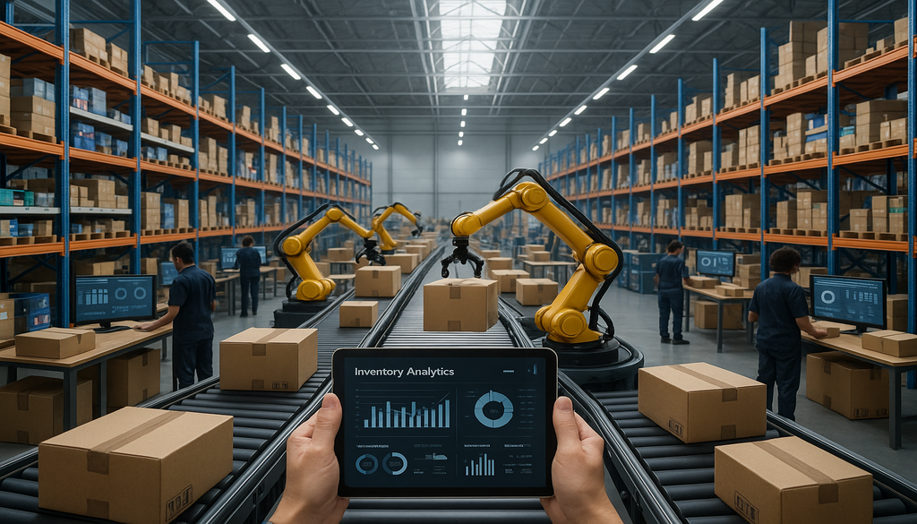 "Modern ERP inventory management system in action at an ecommerce fulfillment center with technology and automation."