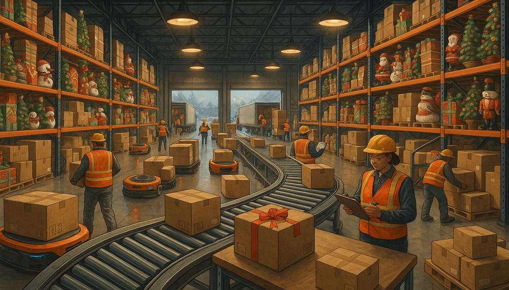 "Holiday inventory managed in a busy warehouse with workers and robots amid festive decor."