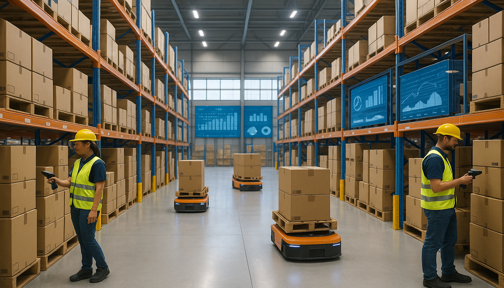 "Modern WMS-equipped warehouse with robots and workers using scanners, highlighting efficient inventory management."