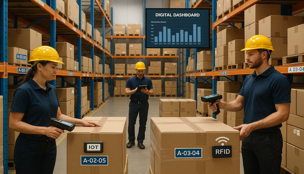 Warehouse workers using barcode scanners with WMS technology and digital inventory displays.