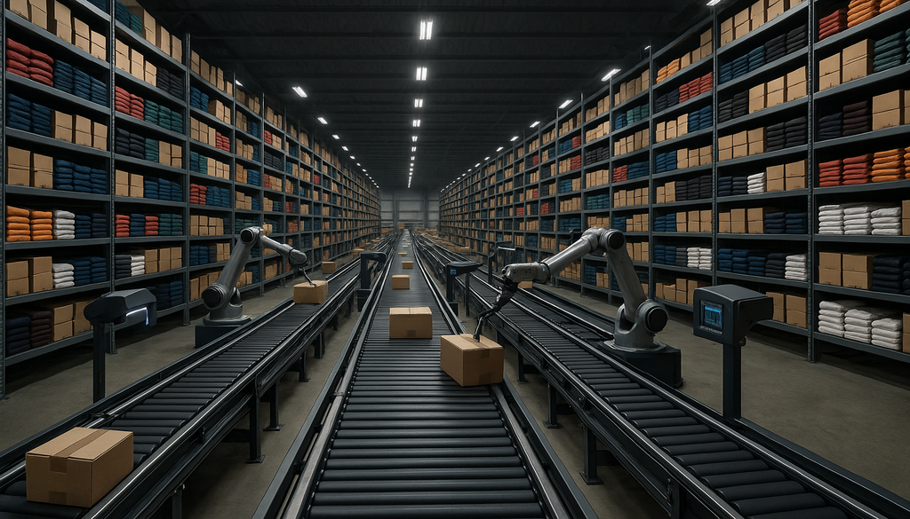 "Modern apparel warehouse with automated sorting systems and organized clothing inventory racks."