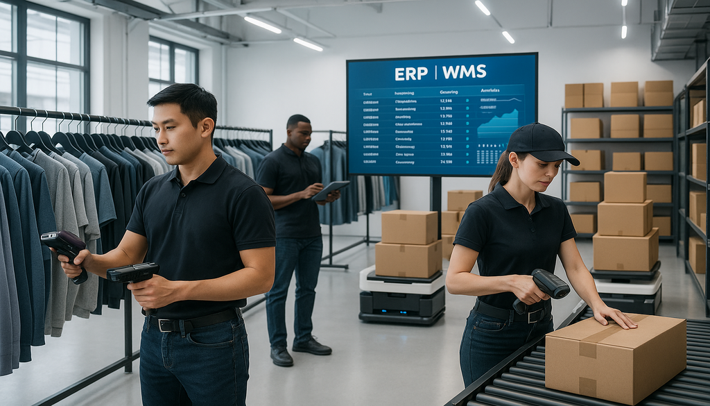 Apparel warehouse with ERP WMS systems and automated inventory tracking.