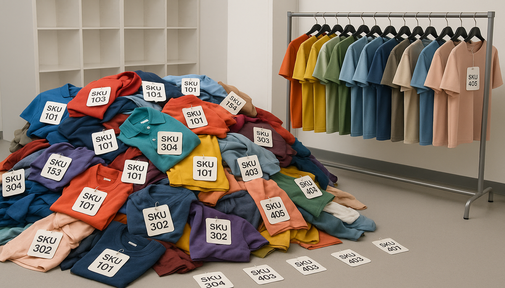 Fashion stockroom with disorganized and duplicate SKU tags on clothing items.