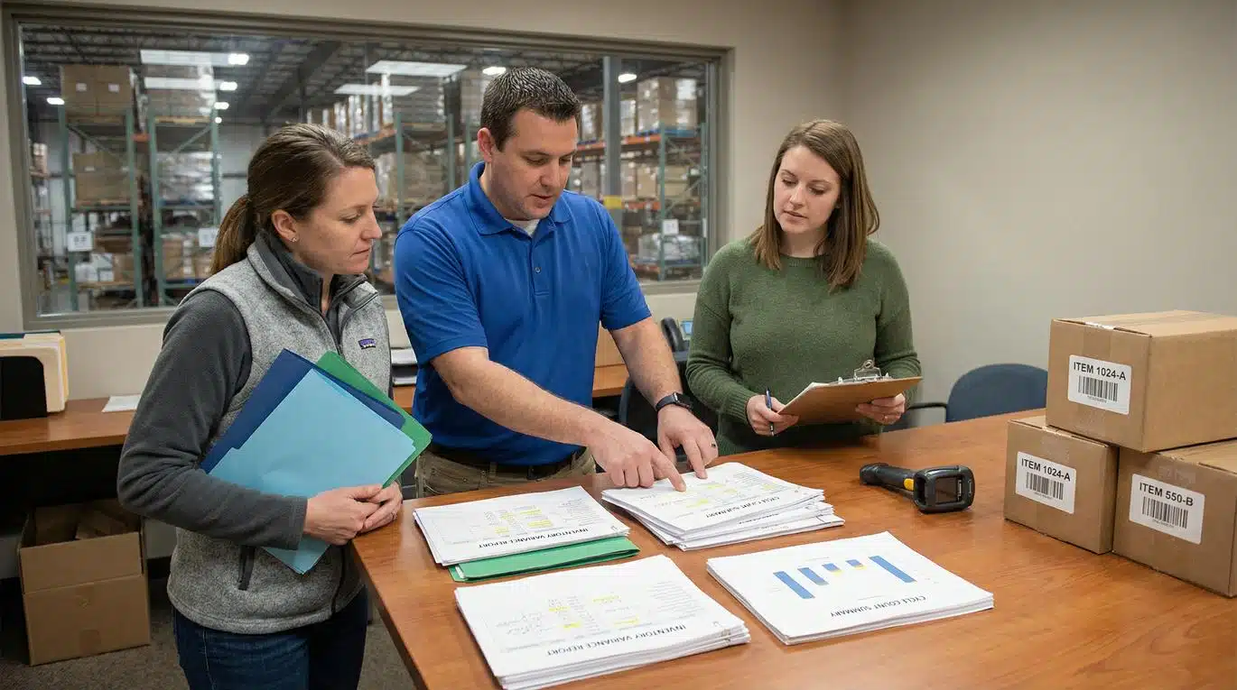 Three warehouse employees reviewing inventory reports and cycle counting documentation at table