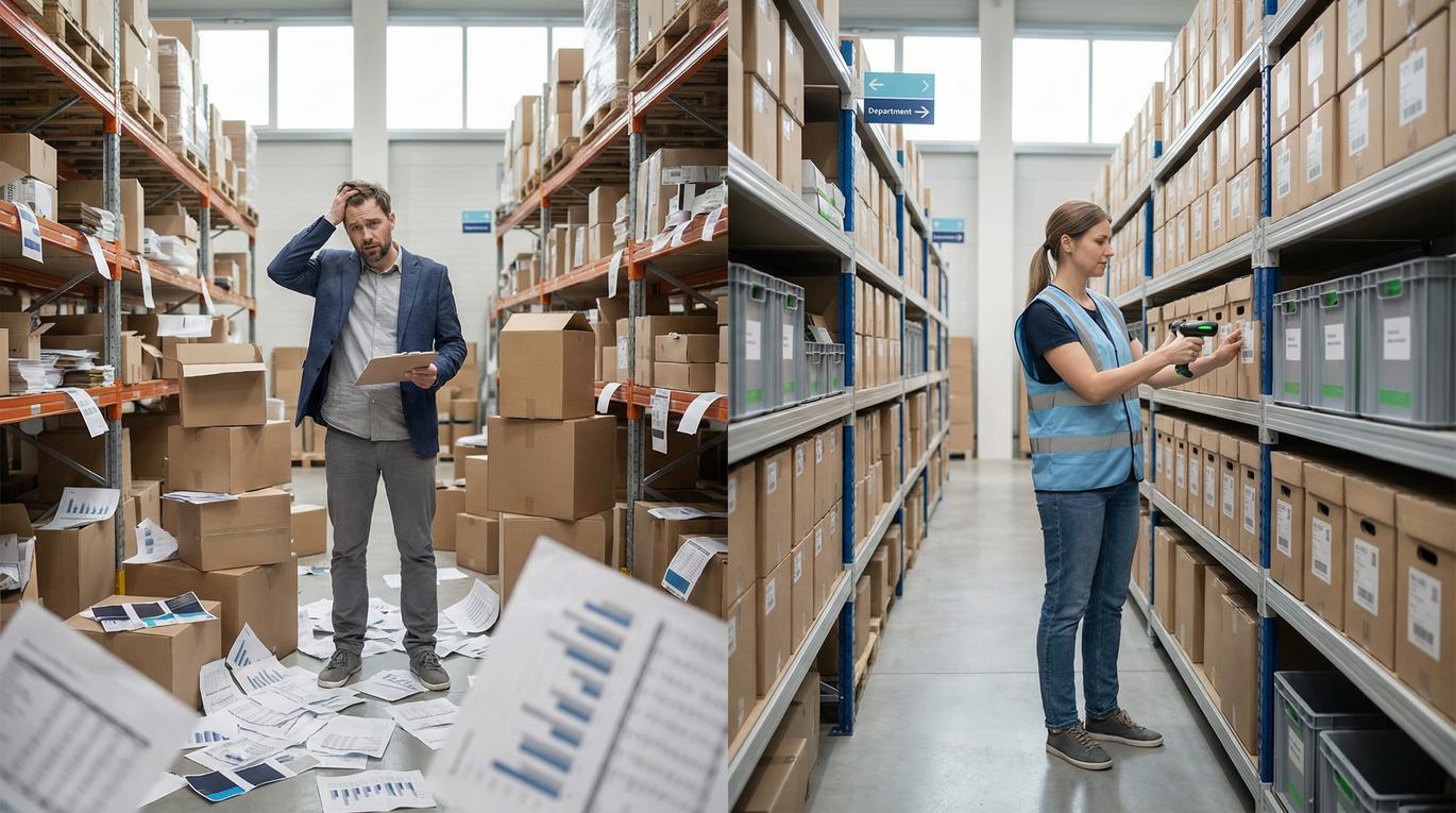 Split warehouse scene: chaos vs. order