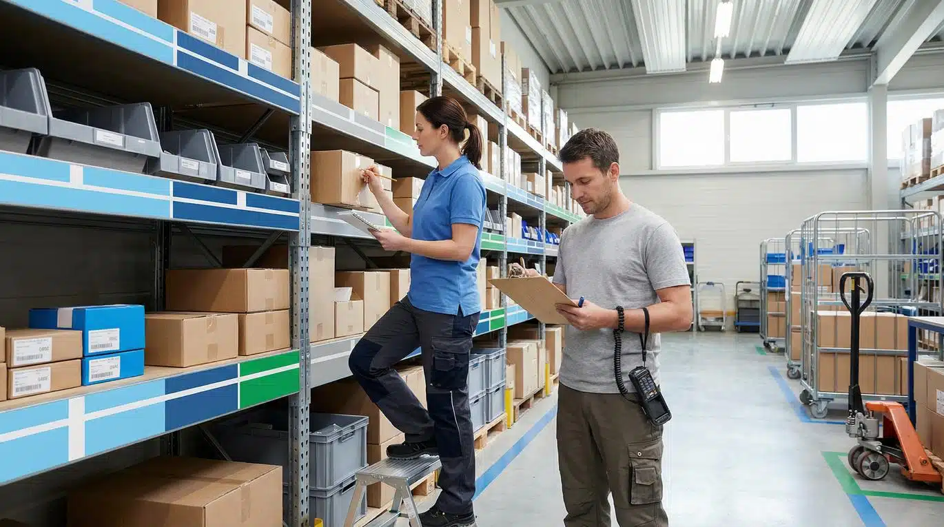 Warehouse workers performing cycle counting inventory management with clipboards and scanning equipment
