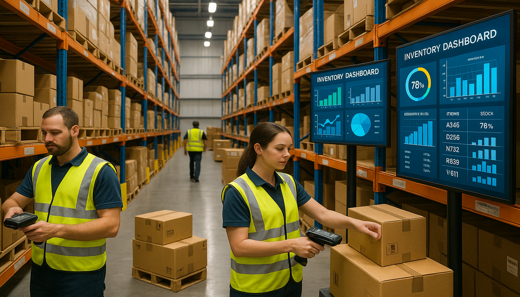 Warehouse workers using handheld devices with digital inventory dashboard displaying WMS performance metrics