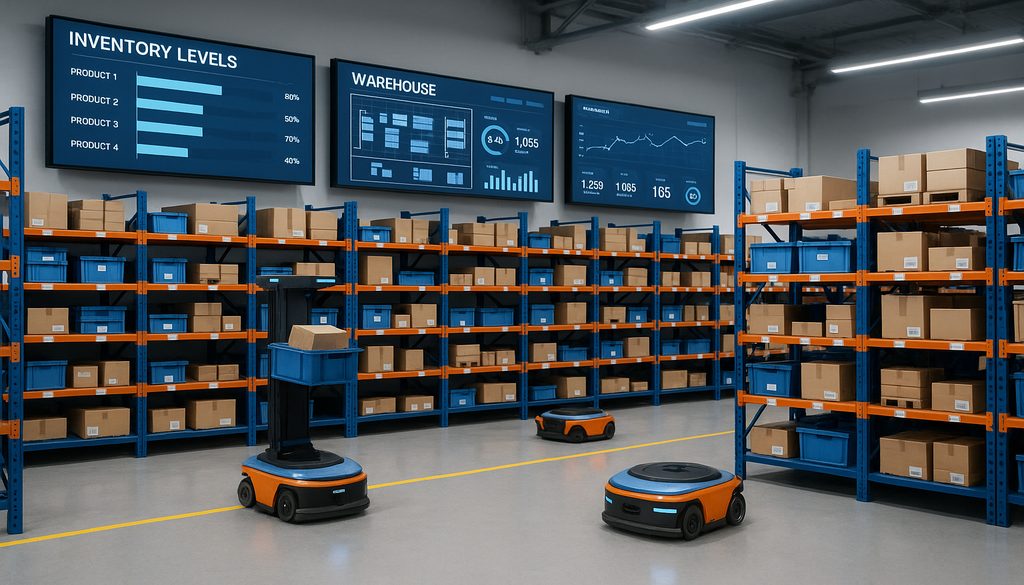 Modern automated warehouse with 3PL software inventory management displays and robotic systems